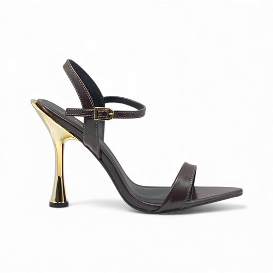 Sandália Bico Folha Marrom Café com Salto Taça Dourado - Lilian Soares