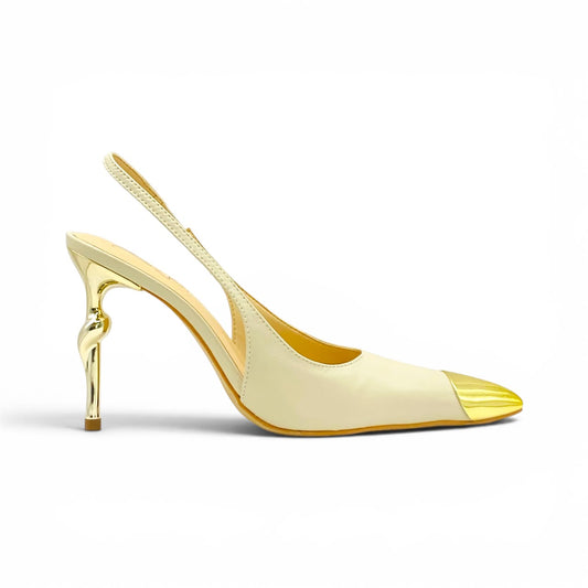 Scarpin Slingback Off White Couro com Biqueira e Salto Dourado Premium Lilian Soares
