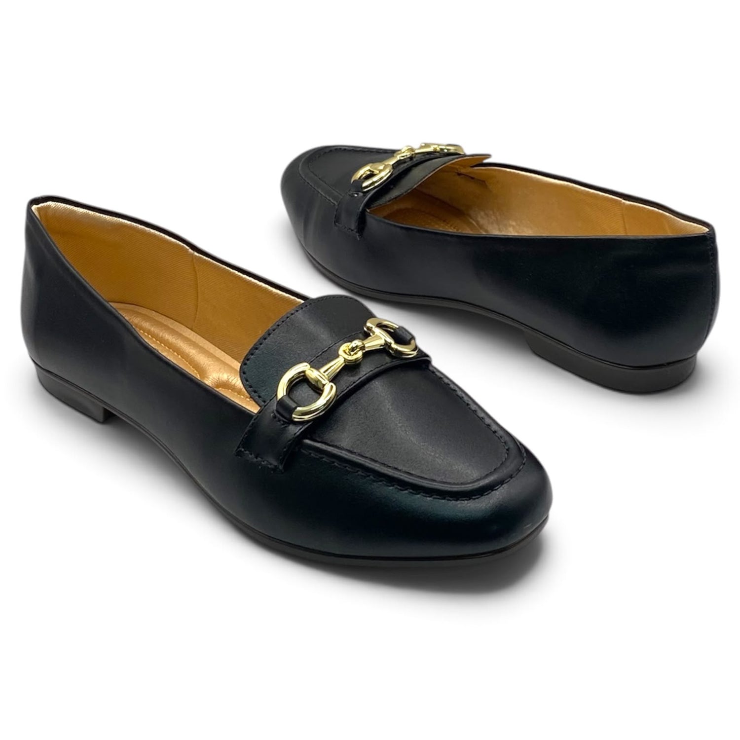 Sapatilha Mocassim Feminino Preto Liso com Fivela Dourada Lilian Soares