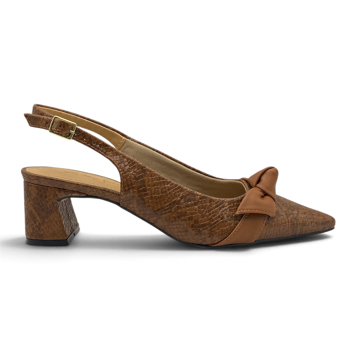 Scarpin Slingback Marrom Snake Lilian Soares Salto Bloco 6cm com Laço