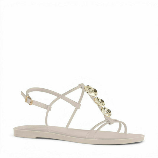 Sandália Rasteira Off White Slim com Pedras Douradas - Lilian Soares