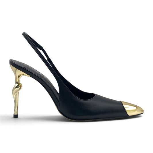 Scarpin Slingback Preto Couro com Biqueira e Salto Dourado Premium Lilian Soares