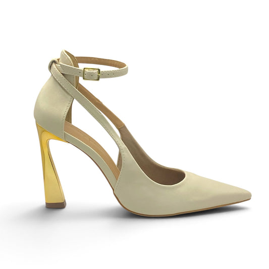 Scarpin Slingback Off White Salto Taça Dourado com Tornozeleira