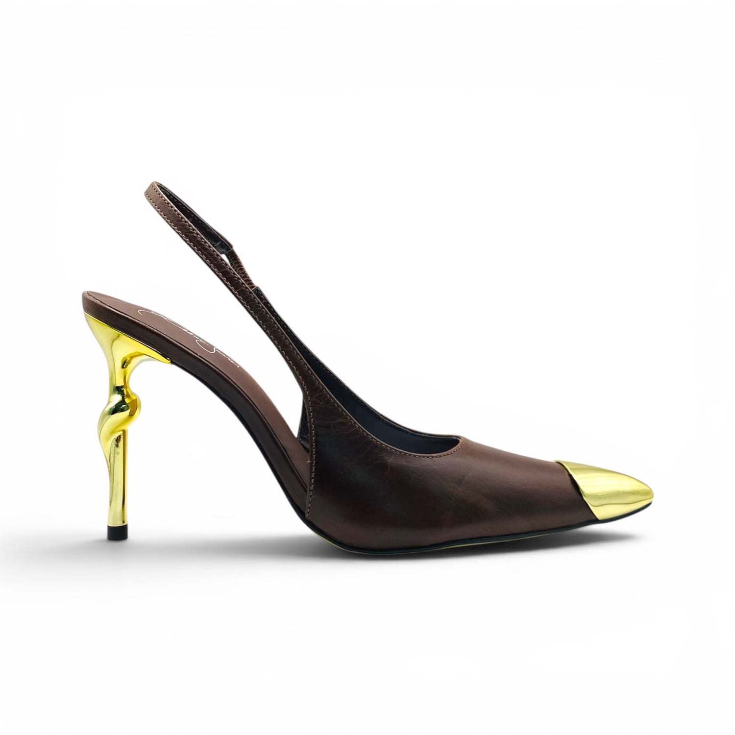 Scarpin Slingback Marrom Couro com Biqueira e Salto Dourado Premium Lilian Soares