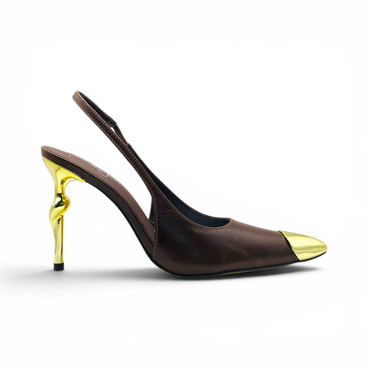 Scarpin Slingback Marrom Couro com Biqueira e Salto Dourado Premium Lilian Soares