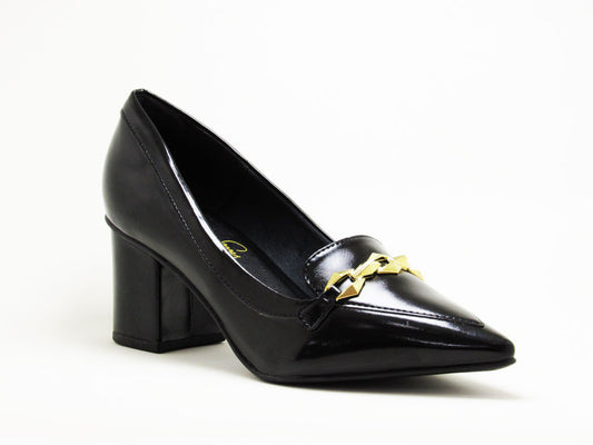 Scarpin Preto com Bridão Dourado Salto Bloco - Lilian Soares