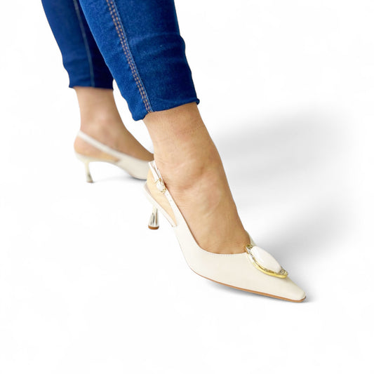 Slingback Off White com Salto Cromado - Lilian Soares
