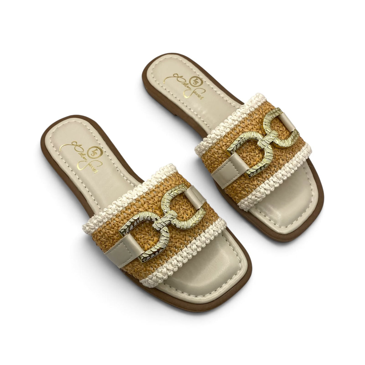 Rasteira Off White Rafia Croche Fivela Dourada Lilian Soares