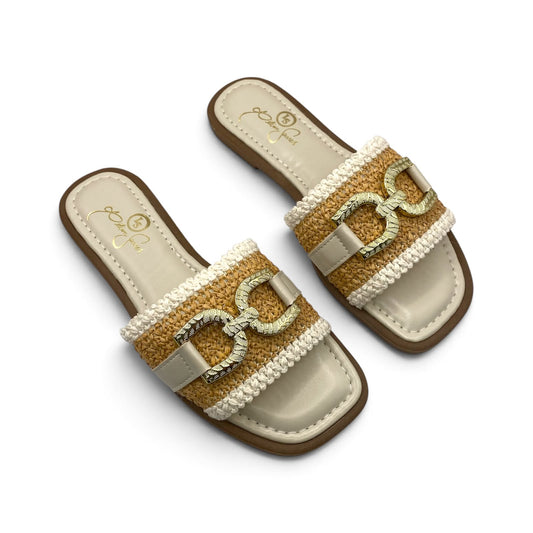 Rasteira Off White Rafia Croche Fivela Dourada Lilian Soares