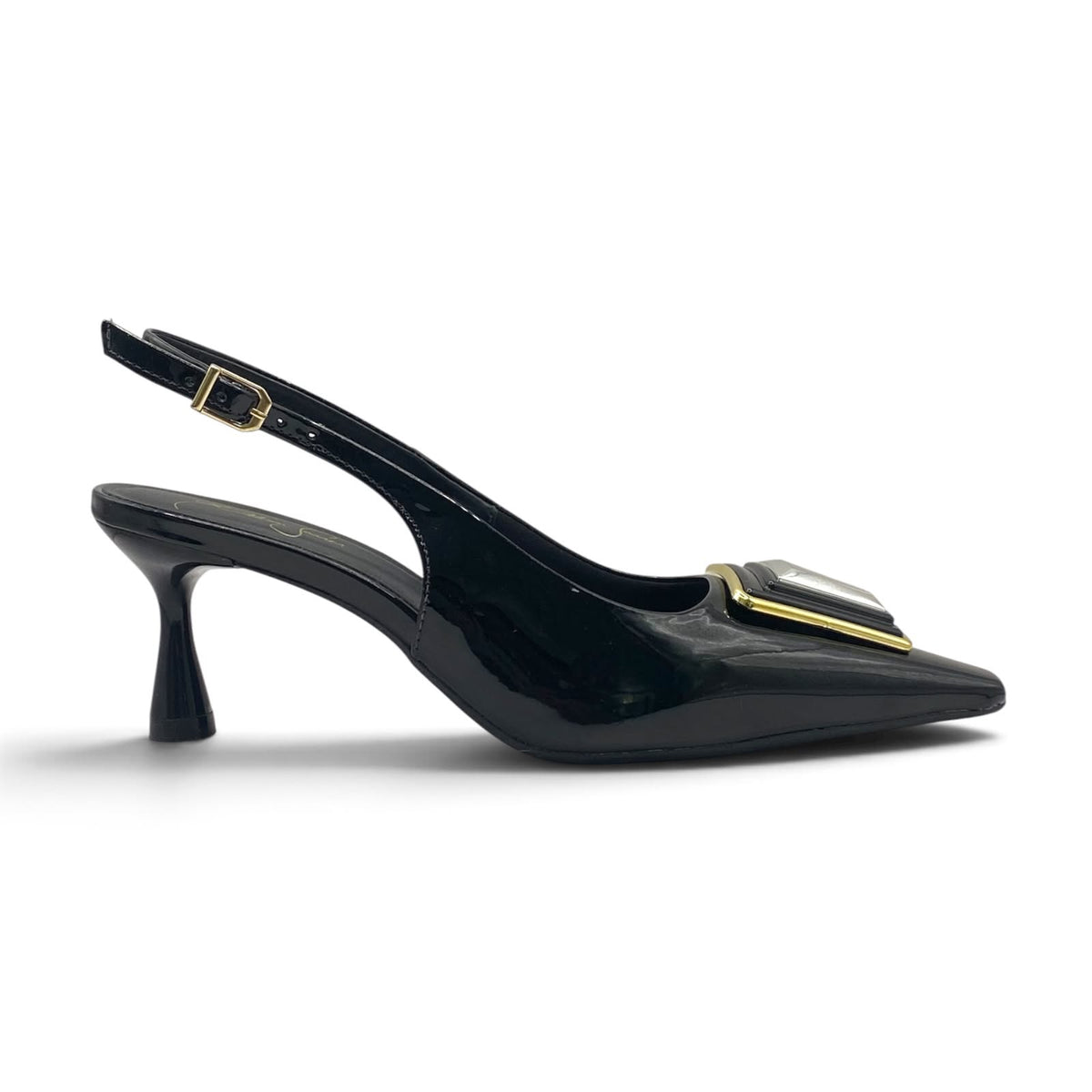 Scarpin Slingback Preto Verniz Lilian Soares Salto 6cm com Enfeite Geométrico