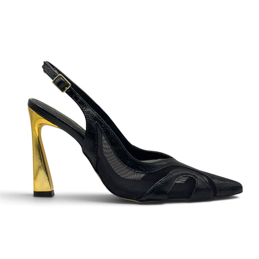 Scarpin Slingback Preto Recortes em Tela e Salto Metalizado Lilian Soares