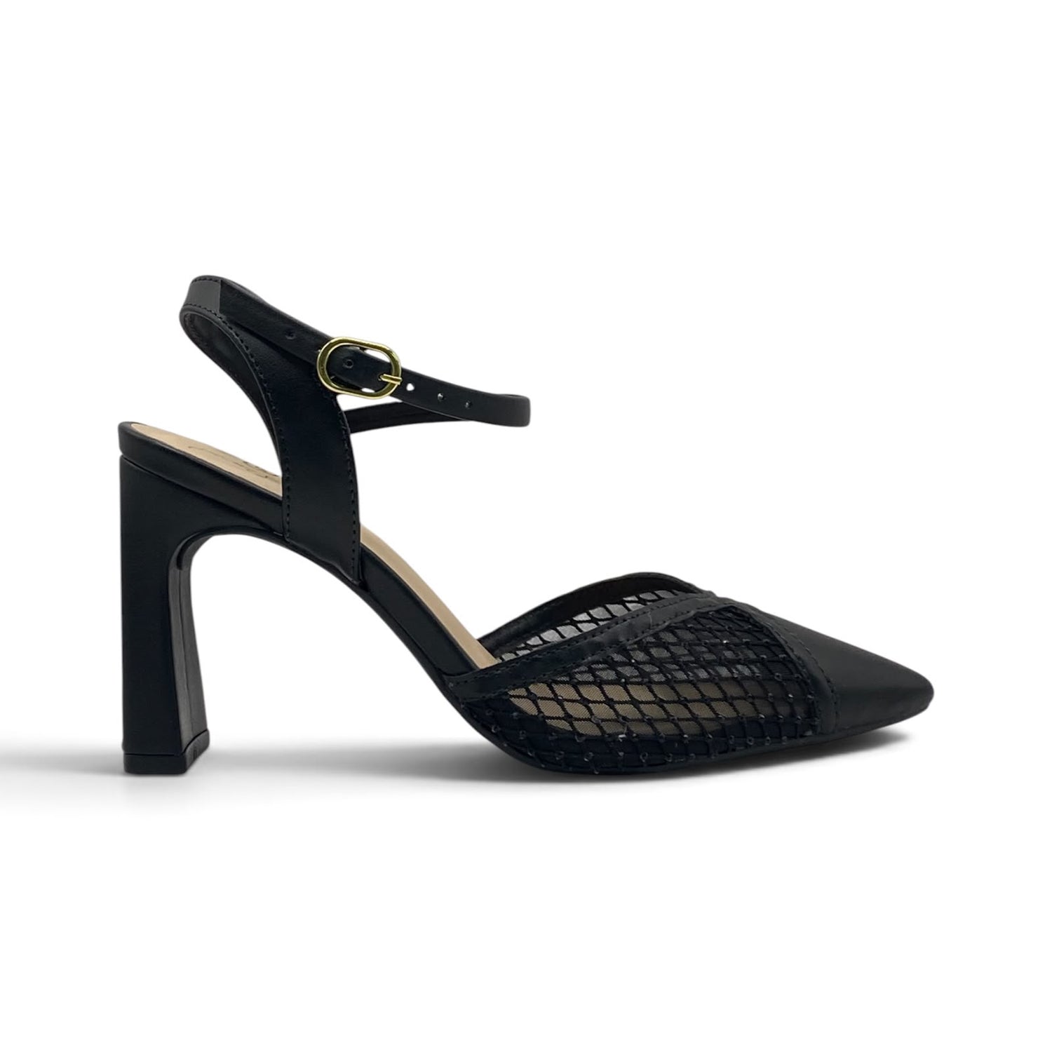 Scarpin Slingback Preto Tela com Brilho Salto Geométrico
