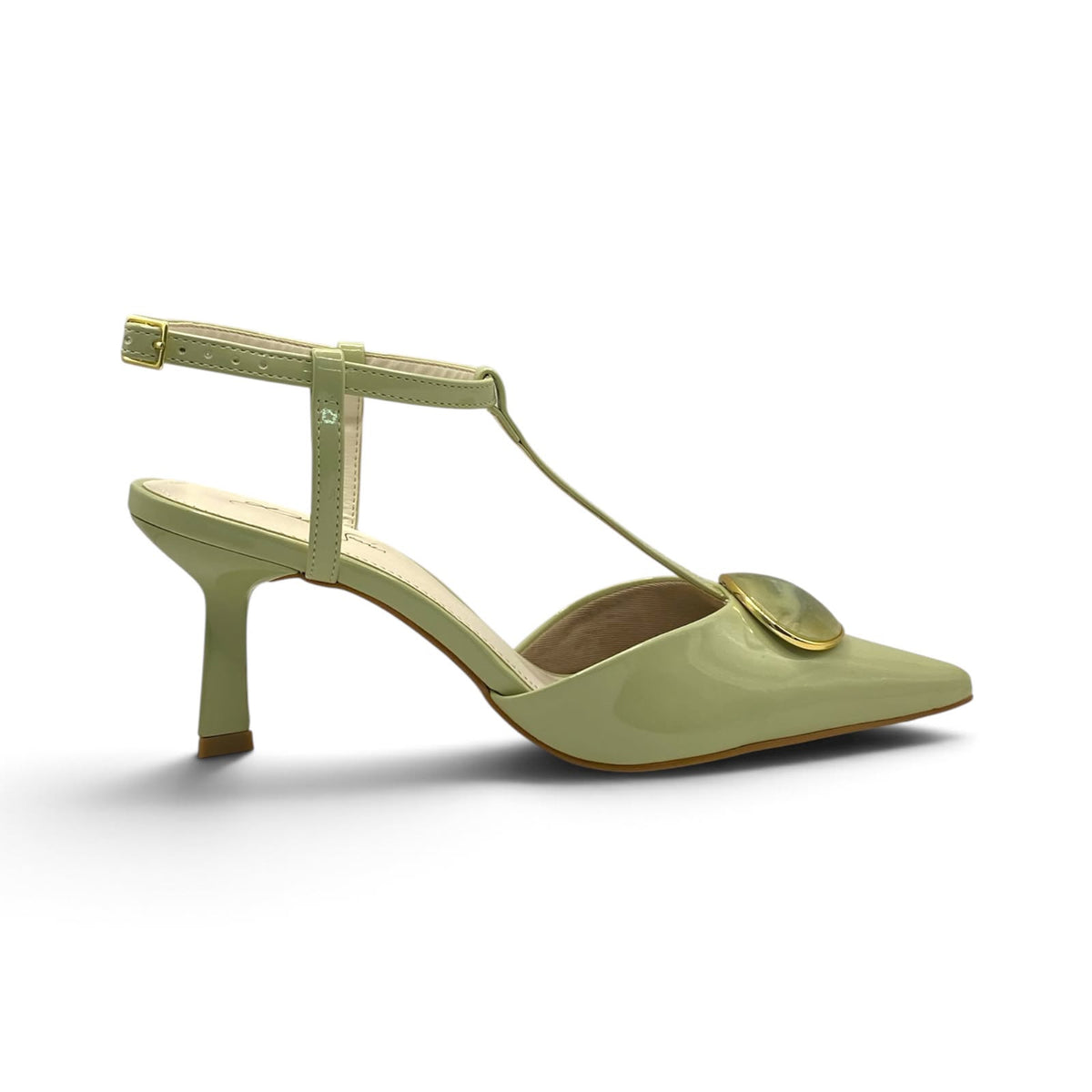 Scarpin Slingback Verde Verniz com Pedraria Oval Salto Baixo Lilian Soares