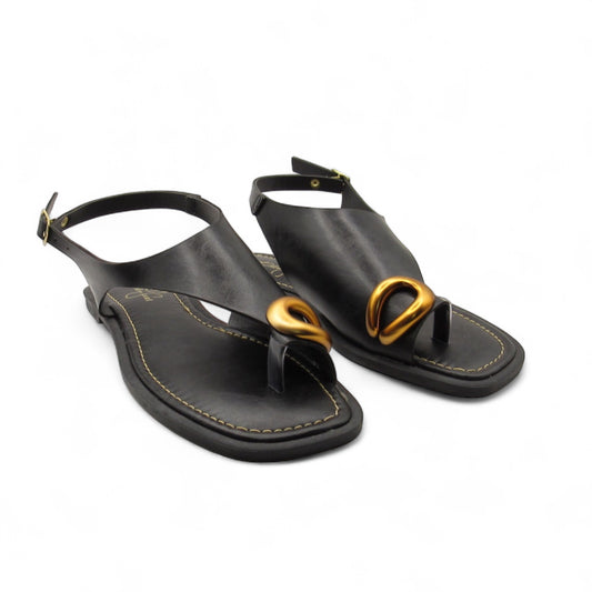 Rasteira Calf Preta com Anel Dourado- Lilian Soares