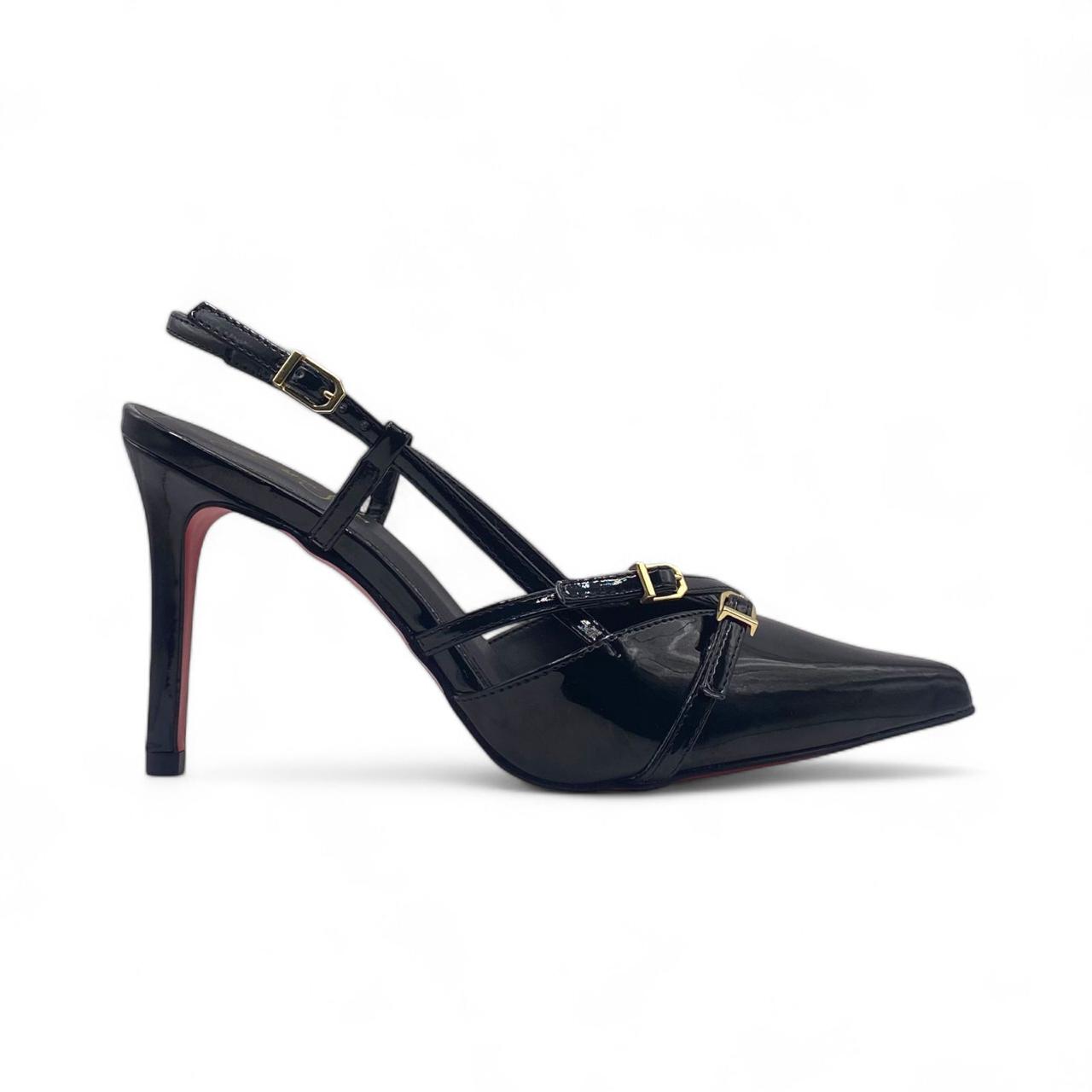 Scarpin Slingback Preto Verniz com Sola Vermelha e Fivelas Salto Médio - Lilian Soares
