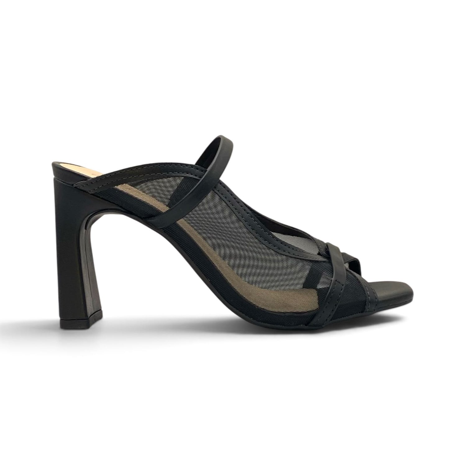 Tamanco Mule Preto com Tela Transparente Salto Esculpido