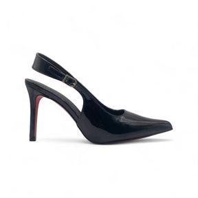 Scarpin Slingback Preto Verniz com Sola Vermelha Salto Médio - Lilian Soares