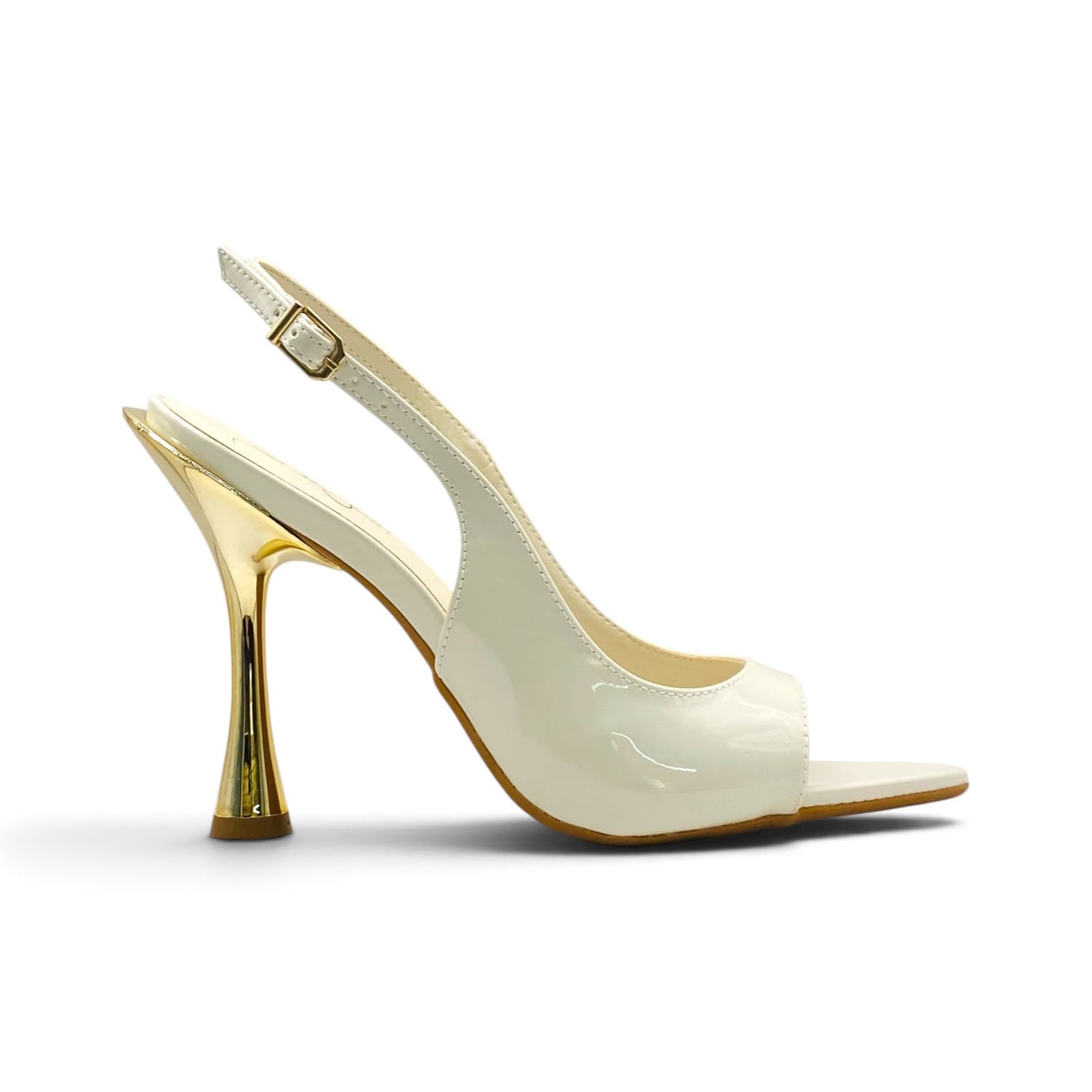 Sandália Slingback Off White Verniz Salto Taça Dourado