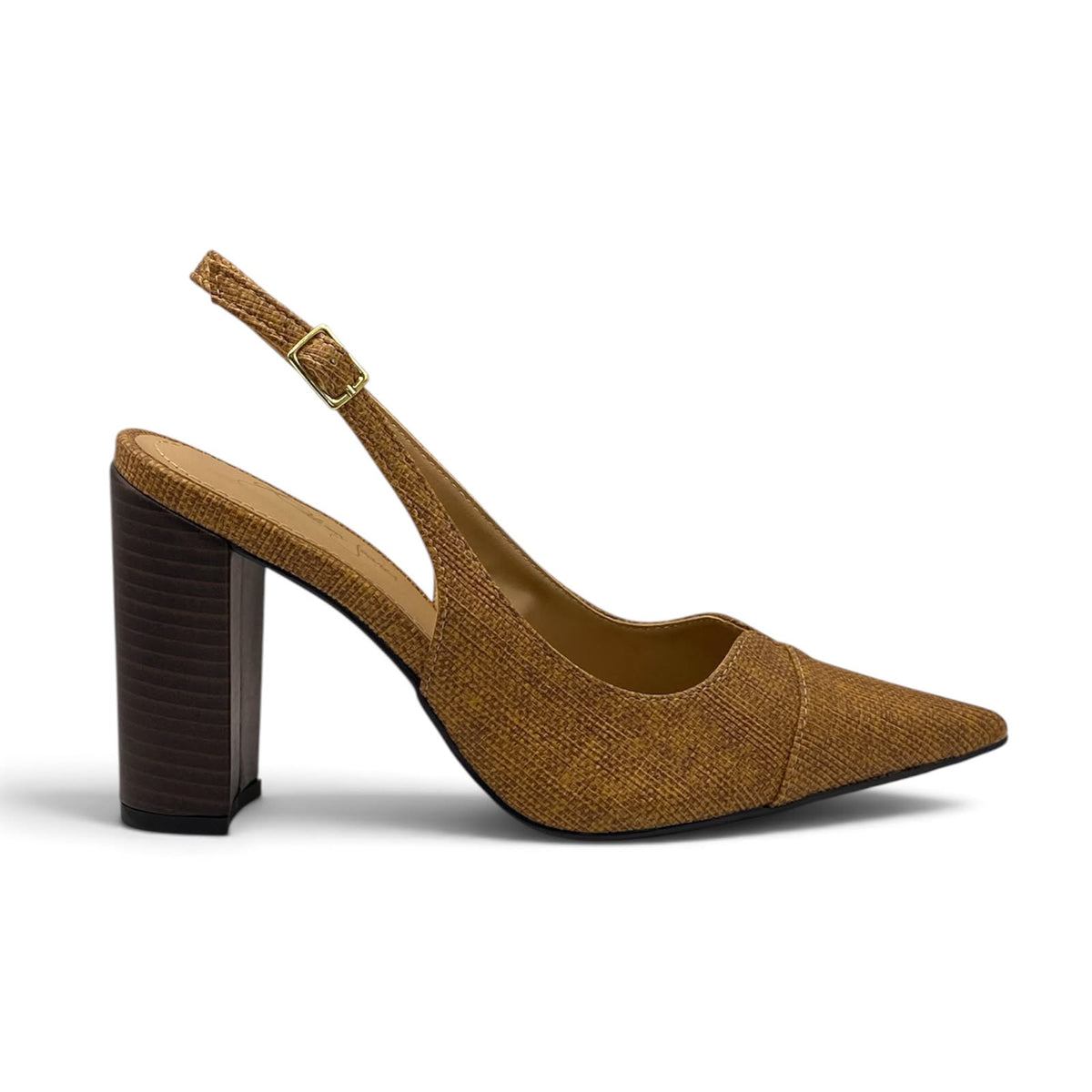 Scarpin Slingback Caramelo Ráfia Salto Madeira Lilian Soares
