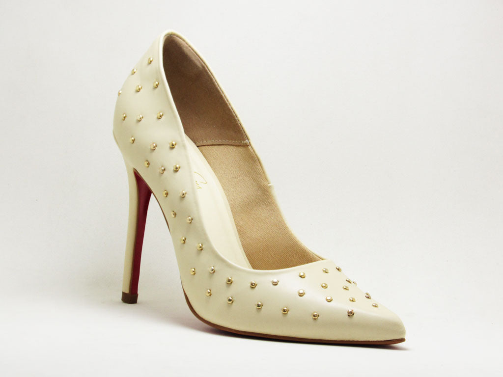 Scarpin Nude Creme Bordado Hotfix com Sola Vermelha - Lilian Soares