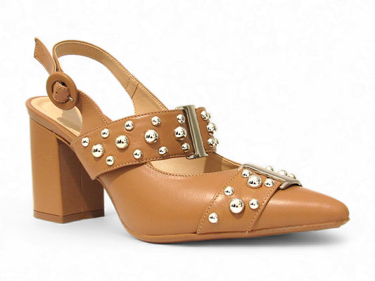 Scarpin Slingback Caramelo com Detalhes em Ilhós Salto Bloco - Lilian Soares