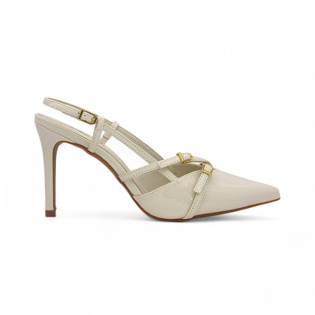 Scarpin Slingback Off White Verniz com Fivelas Salto Médio - Lilian Soares