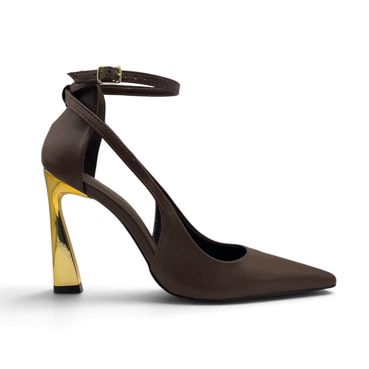 Scarpin Slingback Marrom Salto Taça Dourado com Tornozeleira