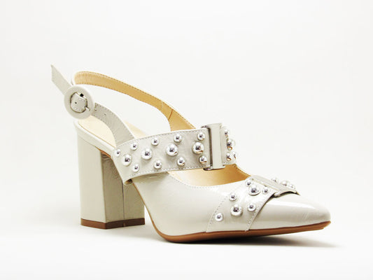 Scarpin Slingback Cinza com Detalhes em Ilhós Salto Bloco - Lilian Soares