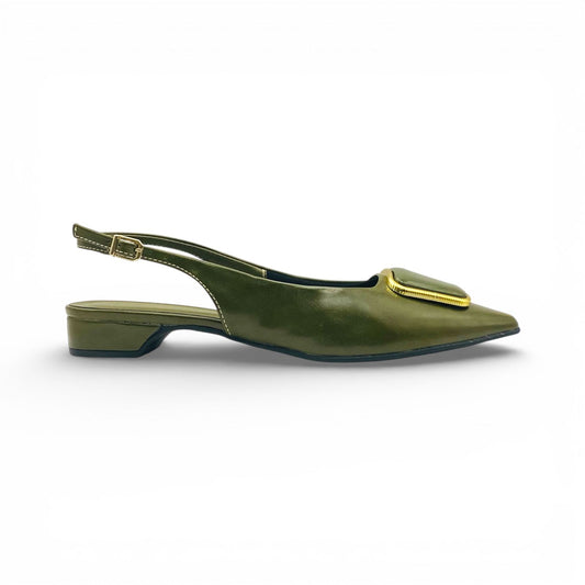 Slingback Verde Militar Acetinado com Fivela Dourada e Salto Baixo Lilian Soares