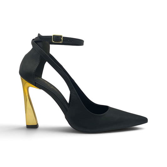 Scarpin Slingback Preto Salto Taça Dourado com Tornozeleira