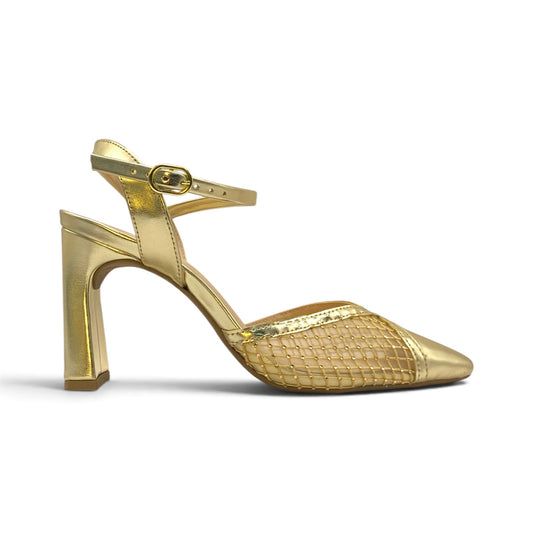 Scarpin Slingback Dourado Tela com Brilho Salto Geométrico