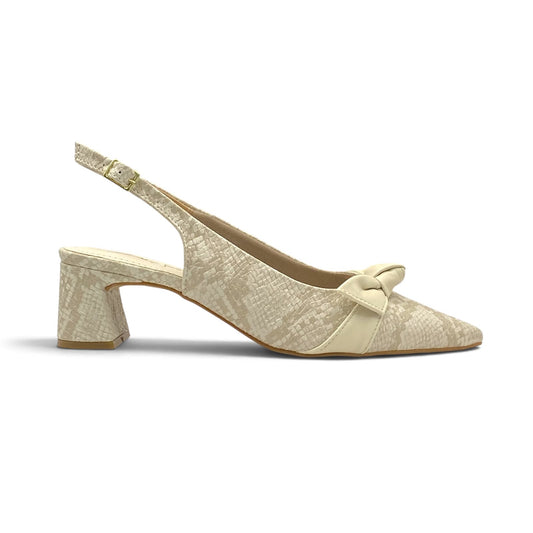 Scarpin Slingback Bege Nude Snake com Laço Salto Bloco Lilian Soares