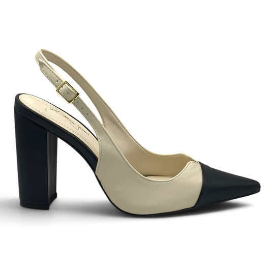 Scarpin Slingback Bicolor Off-White e Preto Salto Bloco Lilian Soares