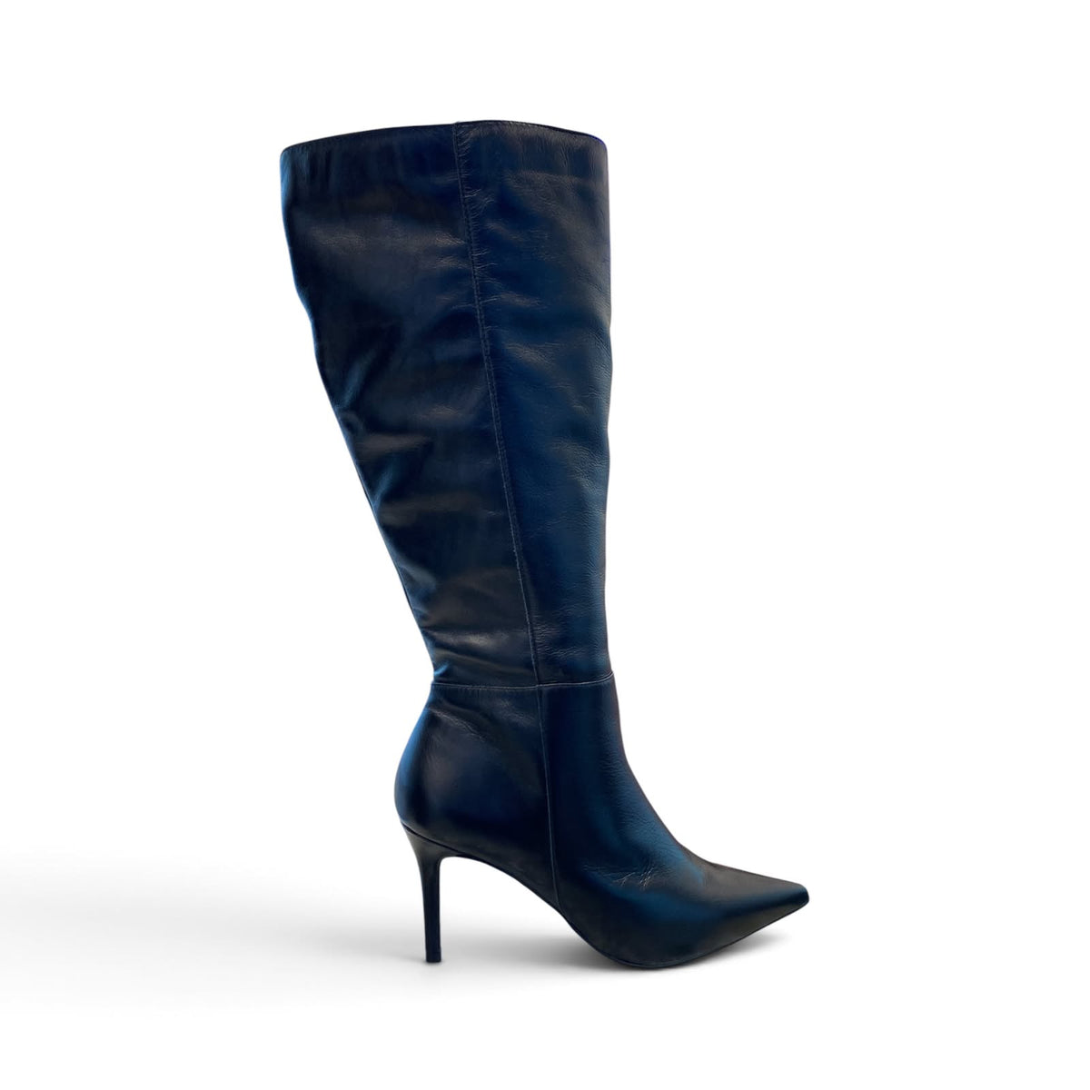 Bota Preta Cano Alto Couro Legítimo Preto Salto Fino 8cm Bico Fino