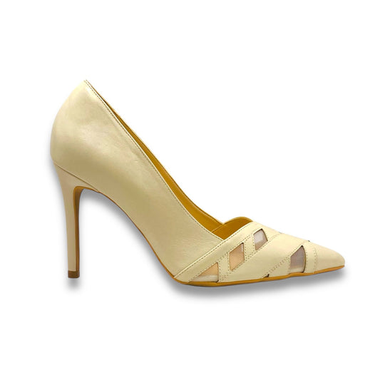 Scarpin Feminino Couro Off-White com Tela e Tiras Entrelaçadas - Lilian Soares