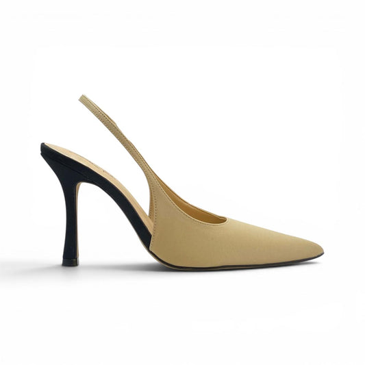 Scarpin Slingback Cetim Nude com Salto Preto Sofisticação Bicolor Premium Lilian Soares